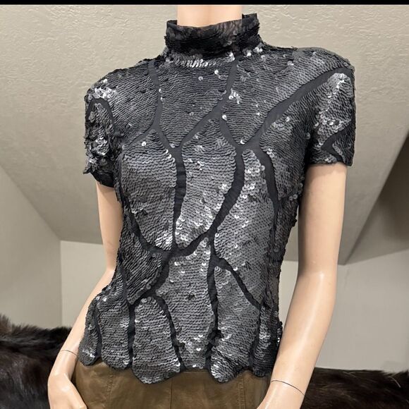 Elegant Black Matte Sequins Top Mock Neck Short Sleeve Shirt - Picture 1 of 10